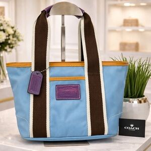Coach 6260 Y2K Daisy Hampton Mini Blue Tote with Purple and Brown Accents